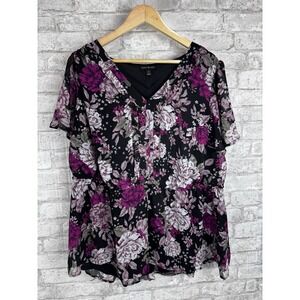 Lane Bryant Popover Top Size 20 Purple Floral Peplum Stretch Waist Chiffon Flowy